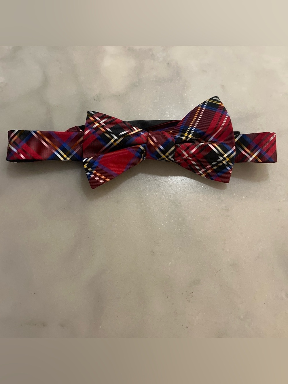 Express Red Plaid Silk Adjustable Bow Tie with Blue and Yellow Accents